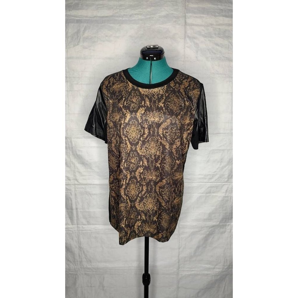 CUT25 By Yigal Azrouel Womens Casual Top Brown Snake Print Leather sleeve Size L